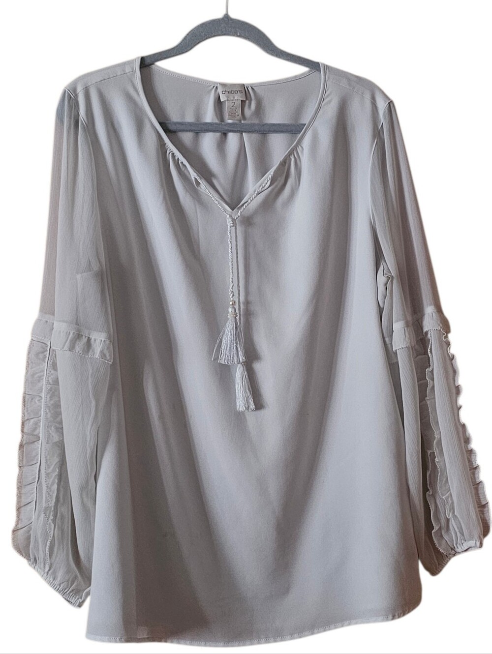 Chico’s Tassel Tie Blouse Women’s Size 2 White Boho Long Sleeve Top